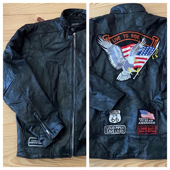Diamond Plate Buffalo Leather Motorcycle Jacket Men 2XL Black Patches Eagle Flag - Picture 1 of 11